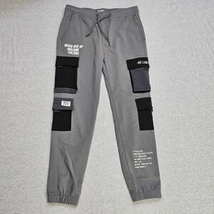 Rock Mens Grey Graphic Cargo Joggers Streetwear Multi Pocket Pants Size M Gym